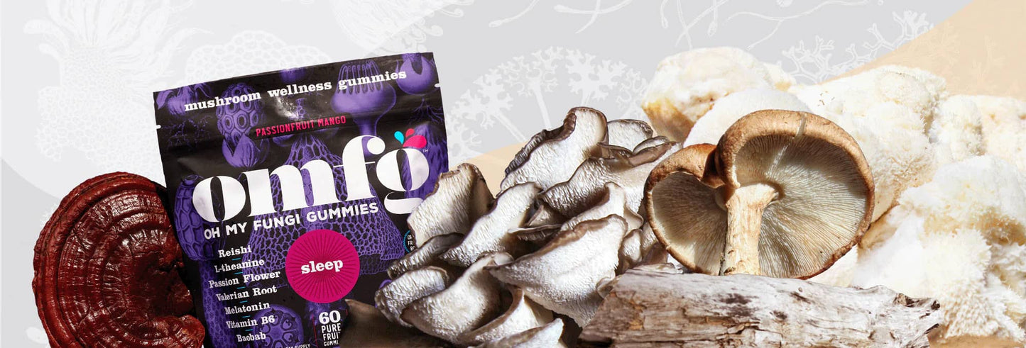 OMFG mushroom gummies pack surrounded by turkey tail, lion's mane, reishi and cordyceps